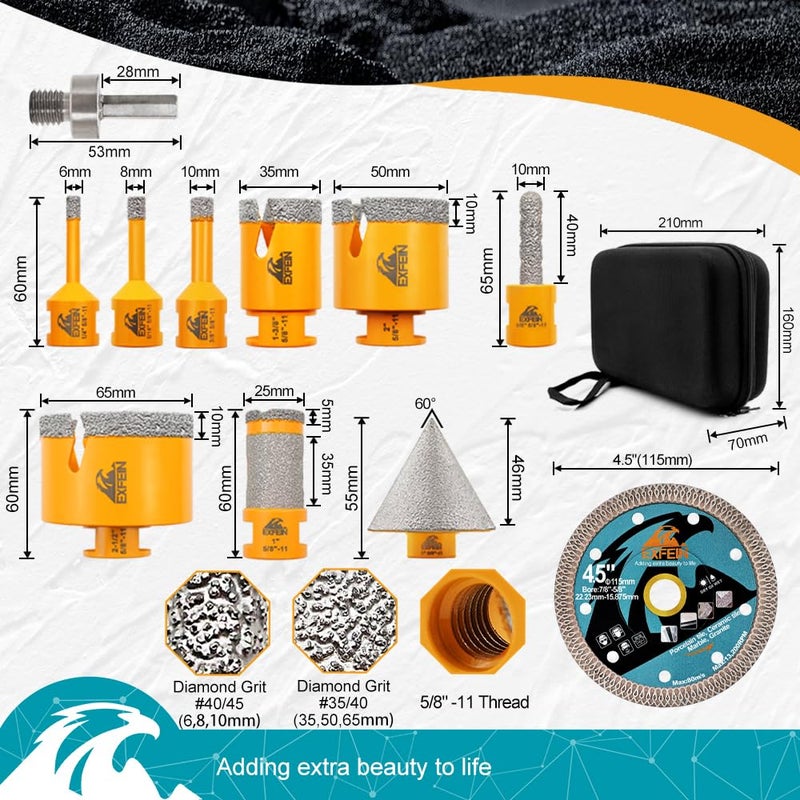 EXFEIN Diamond Tile Hole Saw Kit 12pcs - 6/8/10/25/35/50/65mm Core Drill Bits,10mm Milling Bit and 2" Chamfer Bit with Hex Adapter and 4.5" 2pcs Diamond Blade and for Tile Porcelain Marble - Image 2